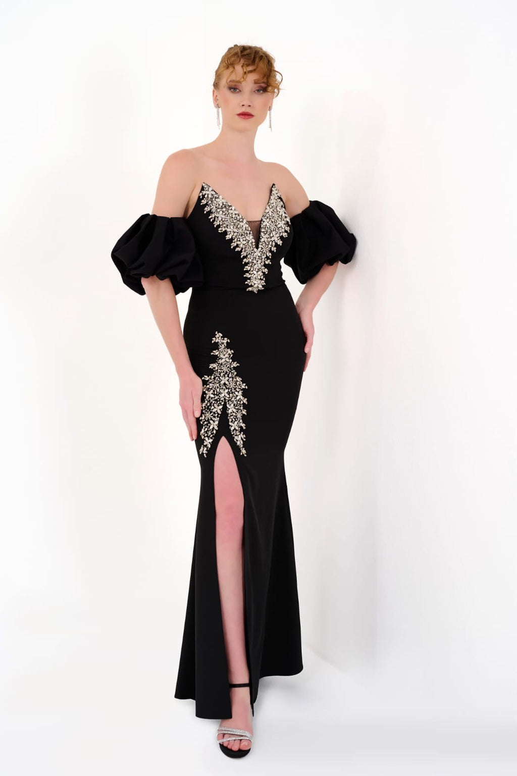 Elegantes Abendkleid mit Puffärmeln & Schmuckdetails – C4960 in Blau – Ansicht 2 | Lamia Mode