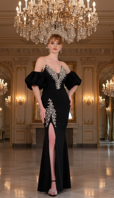 Elegantes Abendkleid mit Puffärmeln & Schmuckdetails – C4960 in Blau – Ansicht 1 | Lamia Mode