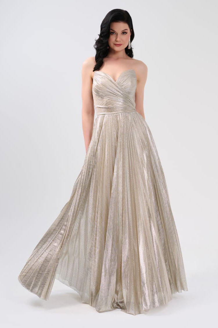 Elegantes Abendkleid mit schimmerndem Plissee-Rock C2139 in Gold – Ansicht 1 | Lamia Mode
