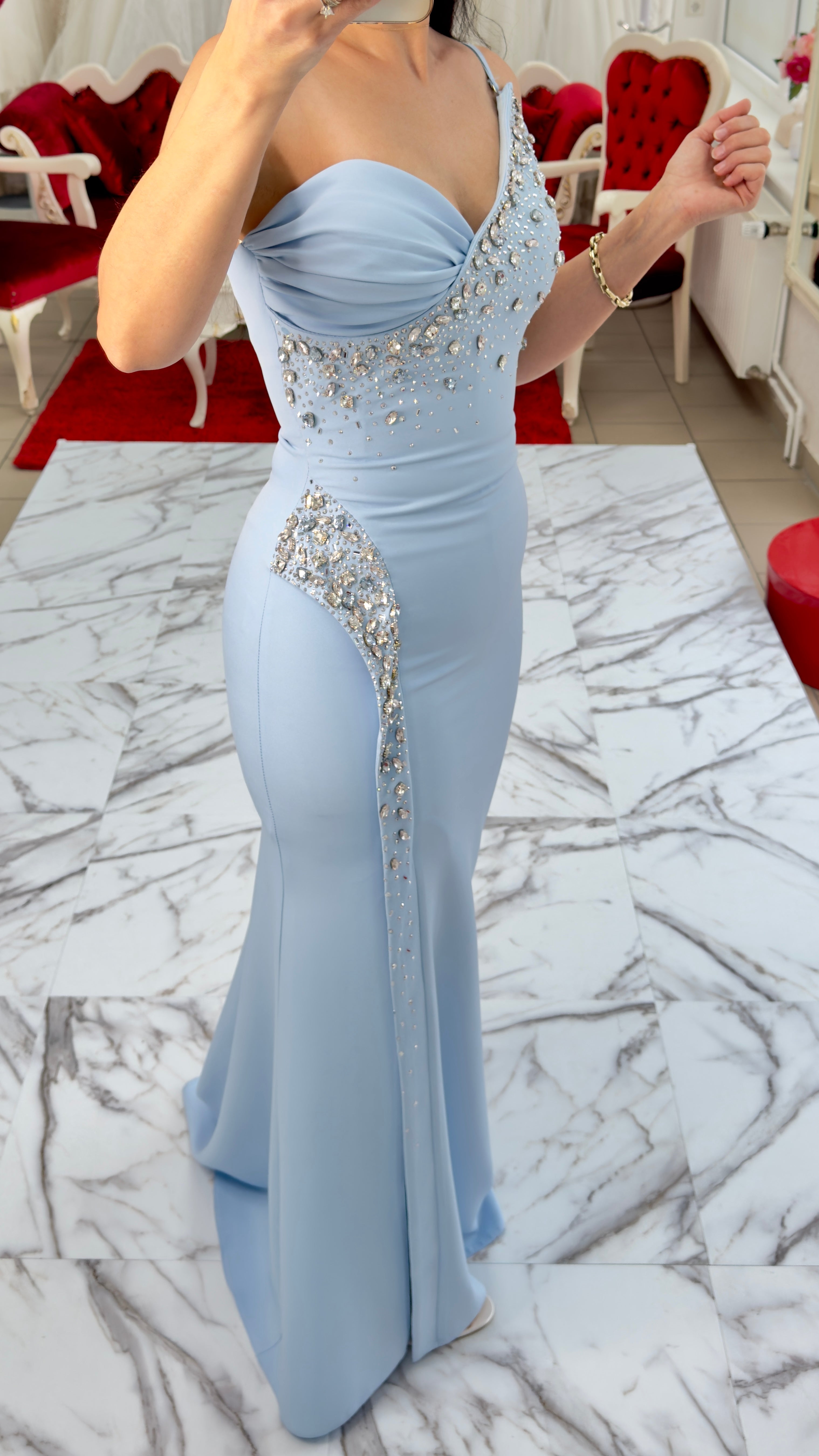 Elegantes figurbetontes Abendkleid mit Strassdetails c2143 in Blau – Ansicht 5 | Lamia Mode
