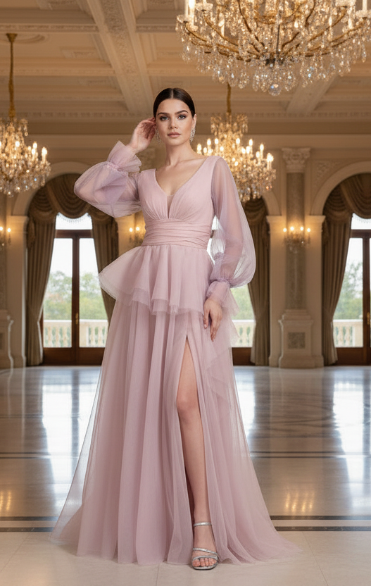 Elegantes Abendkleid mit Volants und Chiffonärmeln / C4916 in puder – Ansicht 4 | Lamia Mode