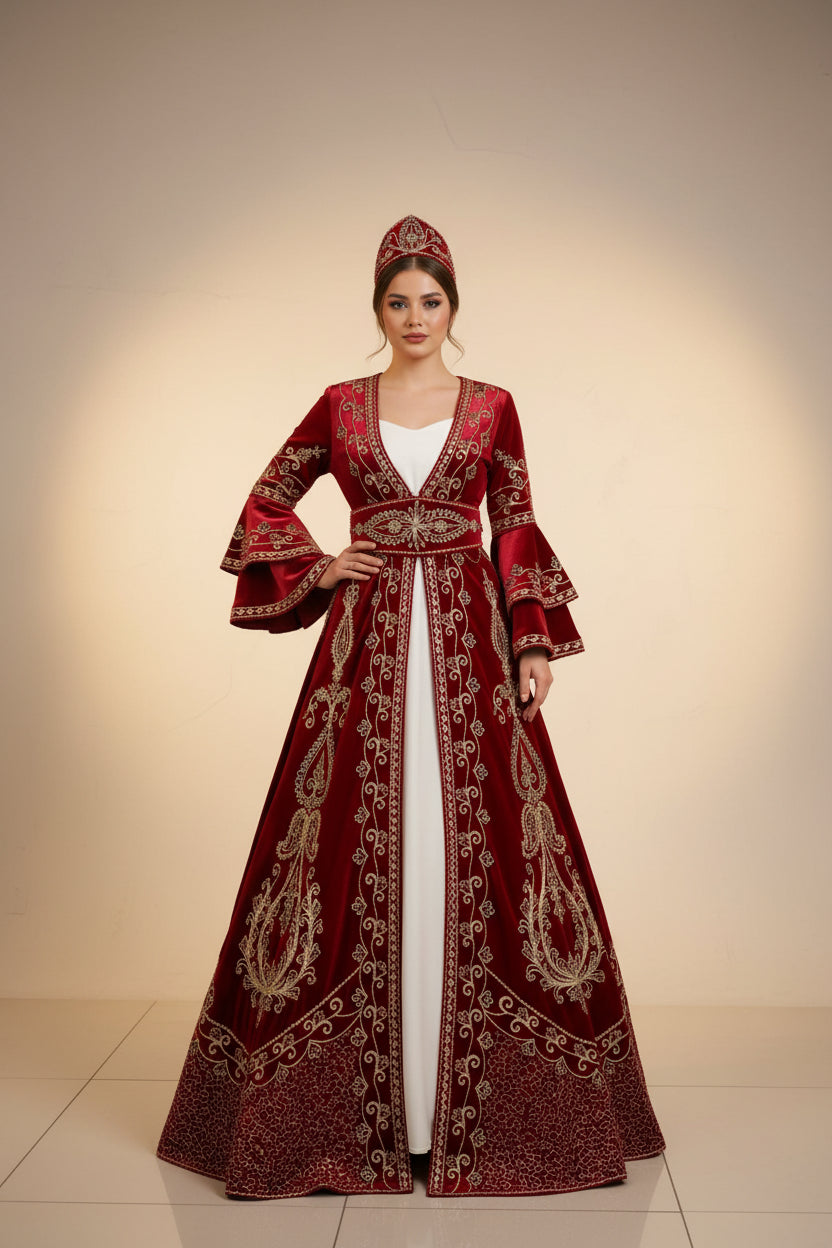 Kaftan „Destan“ – Luxus Bindallı Set in Rot (4-teilig) mit Goldstickerei in Rot – Ansicht 1 | Lamia Mode
