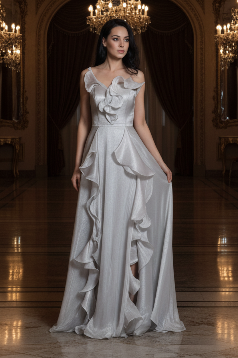 Abendkleid M291 – Organza und Beinschlitz in Nerz – Ansicht 1 | Lamia Mode