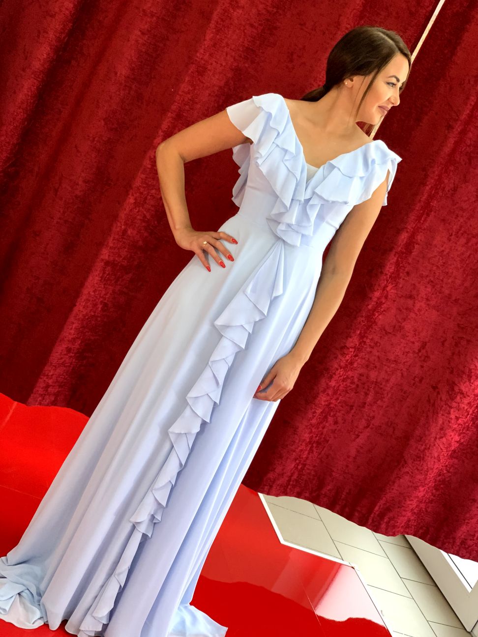 Abendkleid Elegantes Kleid mit Volants und fließender A-Linie – FK3218 in Babyblau – Ansicht 1 | Lamia Mode