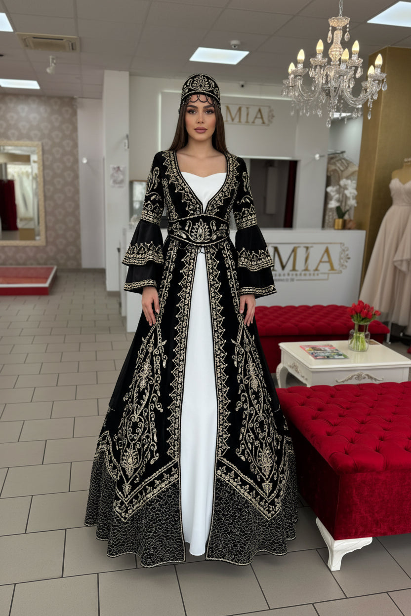 Kaftan „Mira“ – Luxus Bindallı Set in Schwarz mit Goldstickerei (4-teilig) in Blau – Ansicht 1 | Lamia Mode