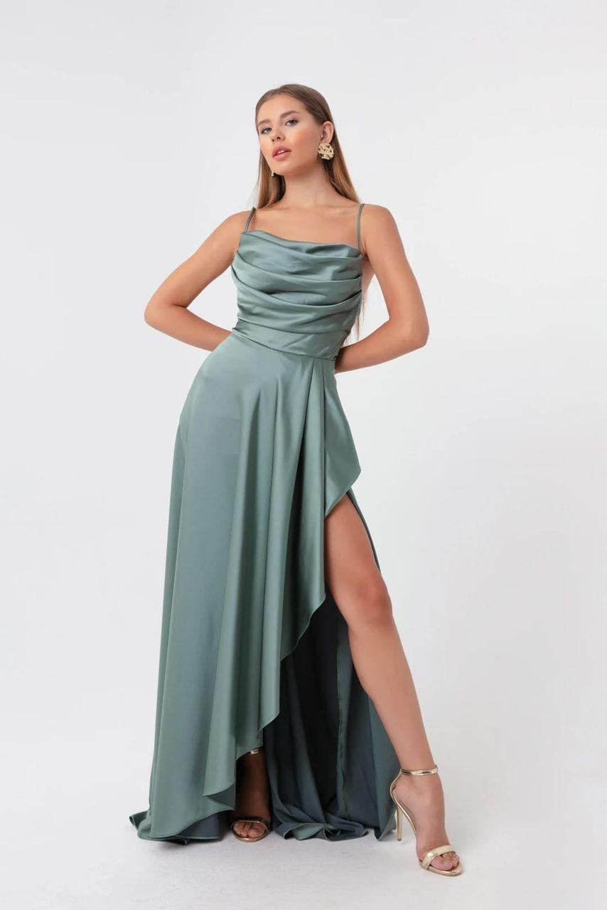 Abendkleid MD6037 – Satin und Beinschlitz in Indigo – Ansicht 1 | Lamia Mode