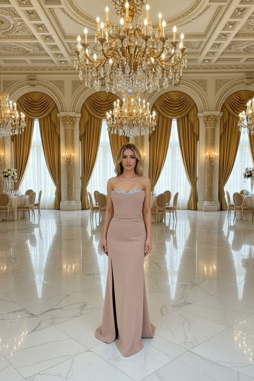 Elegantes Abendkleid mit Corsagenoptik&Glitzerbesatz – C4952 in Nerz – Ansicht 1 | Lamia Mode