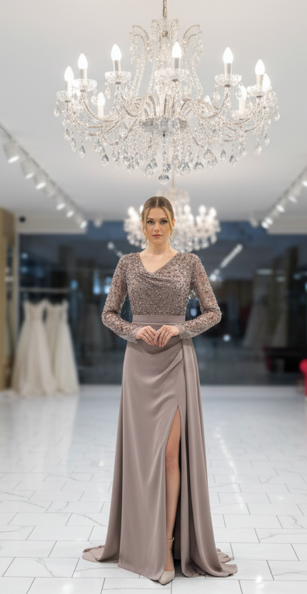 Abendkleid R7451 – Tüll und Schleppe in Nerz – Ansicht 3 | Lamia Mode