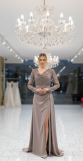 Abendkleid R7451 – Tüll und Schleppe in Nerz – Ansicht 3 | Lamia Mode