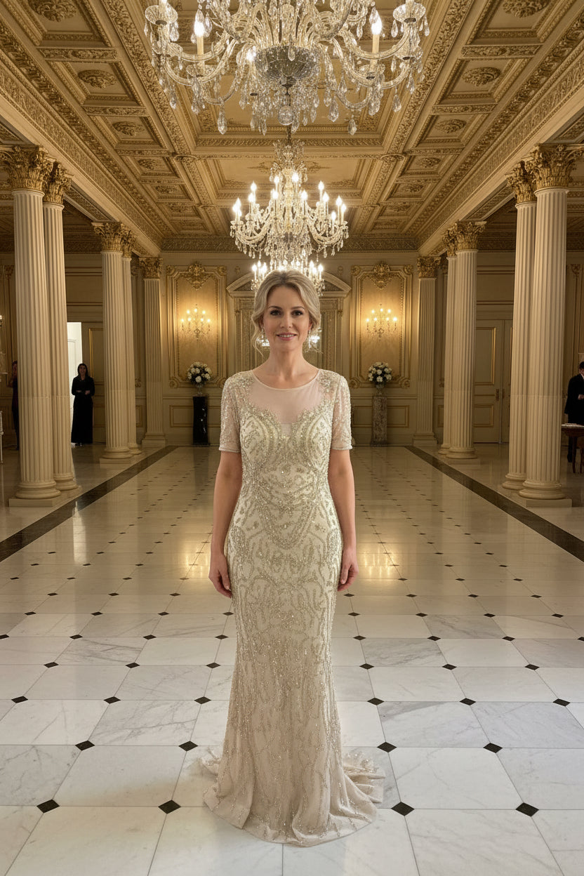 Elegantes Abendkleid mit Allover-Glitzerstickerei – C5929 in Gold – Ansicht 1 | Lamia Mode