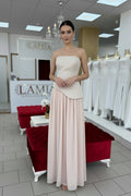 Zweiteiliges trägerloses Abendkleid mit Chiffonrock A576 in Beige – Ansicht 1 | Lamia Mode
