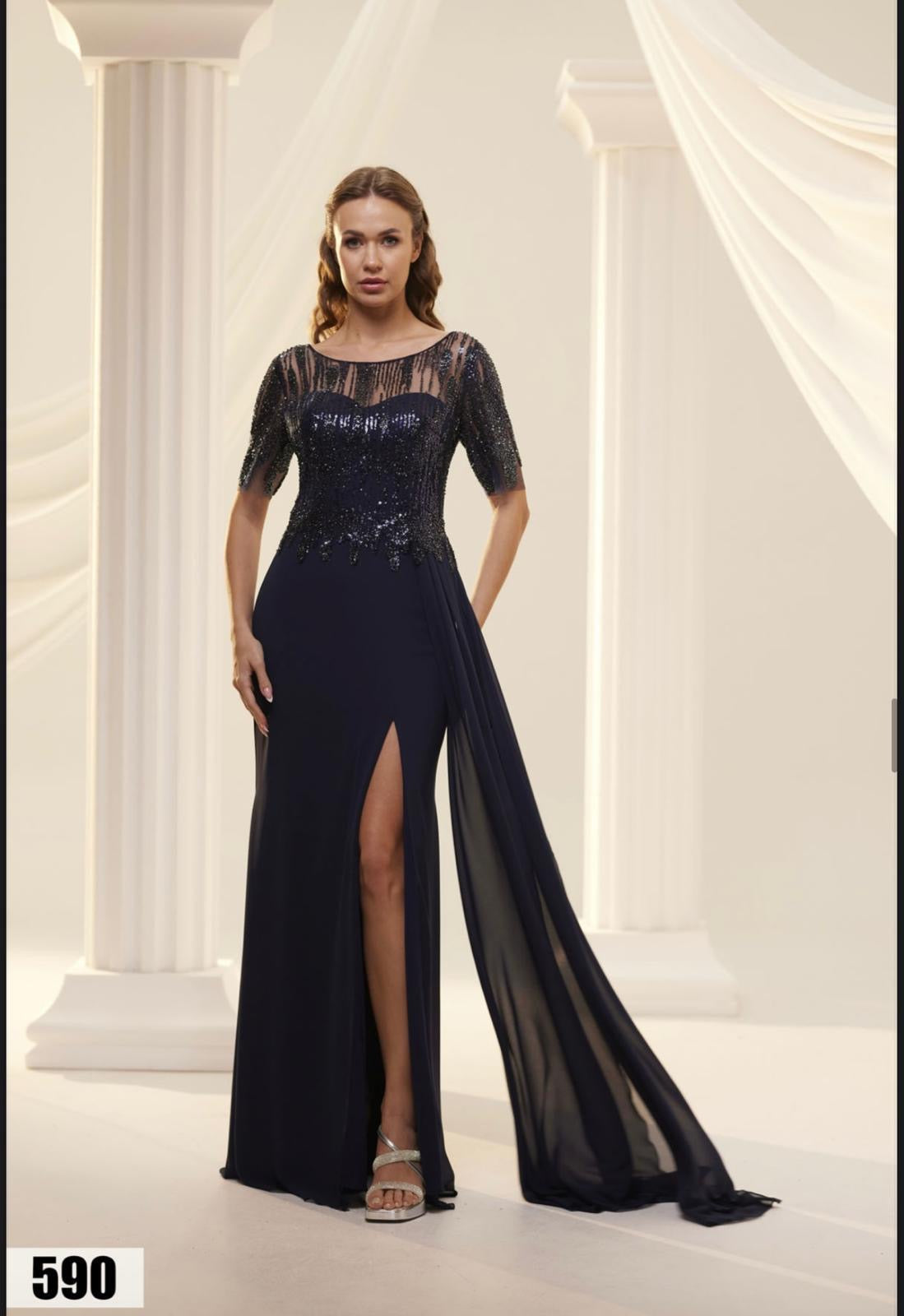 Abendkleid mit Paillettenoberteil & Beinschlitz – Modell FK590 in navyblau – Ansicht 2 | Lamia Mode