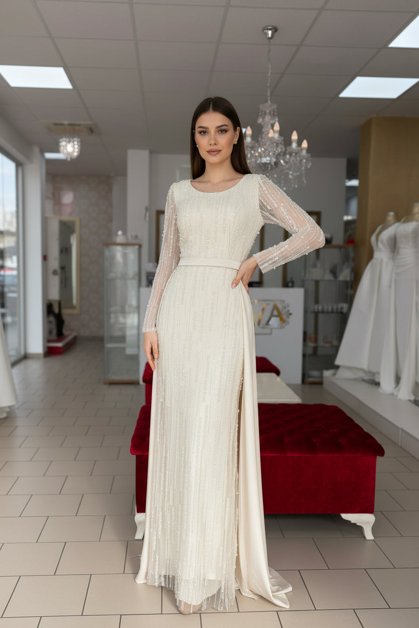 Standesamtkleid A588 – Perlen und Pailletten in Beige – Ansicht 1 | Lamia Mode