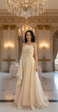 Elegantes, bodenlanges Abendkleid aus Chiffon – C4971 in Gold – Ansicht 1 | Lamia Mode