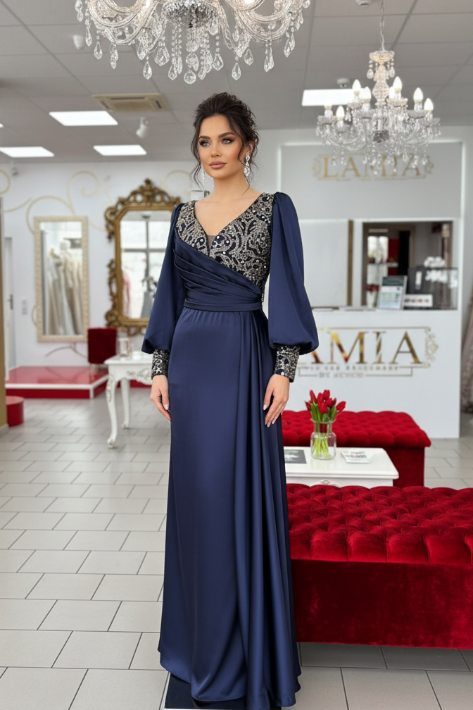 Elegantes Abendkleid mit Stickerei – figurbetonte Passform und V-Ausschnitt in Navyblau – Ansicht 1 | Lamia Mode