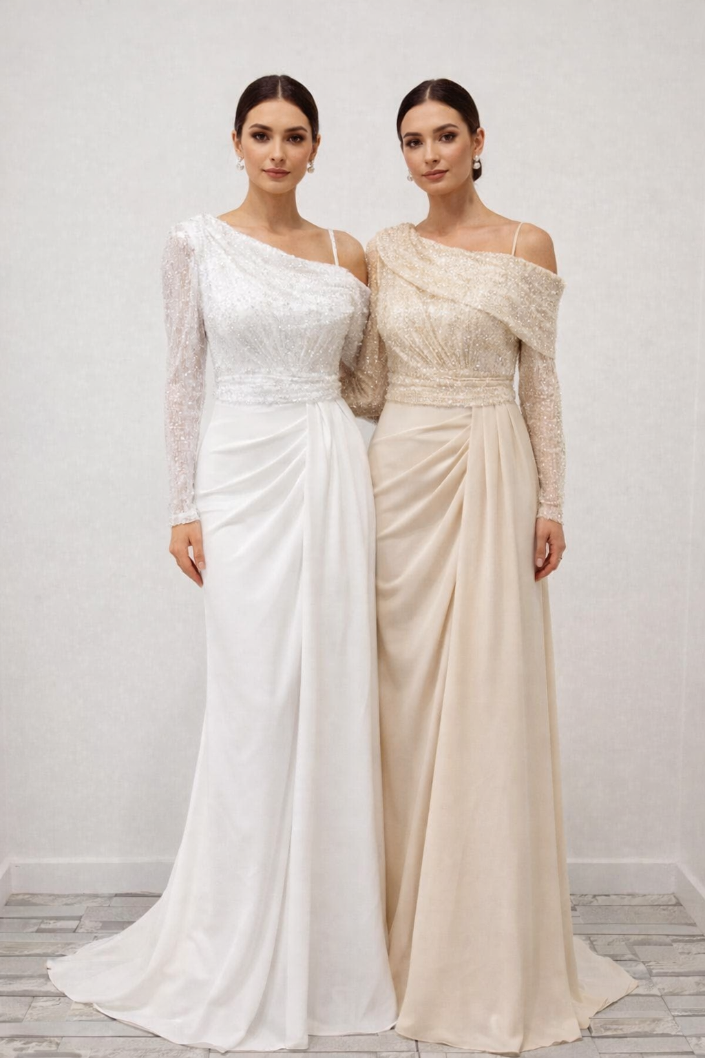 Standesamtkleid A231 – figurbetonte Passform und Off-Shoulder in Creme – Ansicht 2 | Lamia Mode