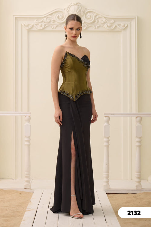 Abendkleid C2132 in Cappuccino-Schwarz – Lamia Braut & Abendmode