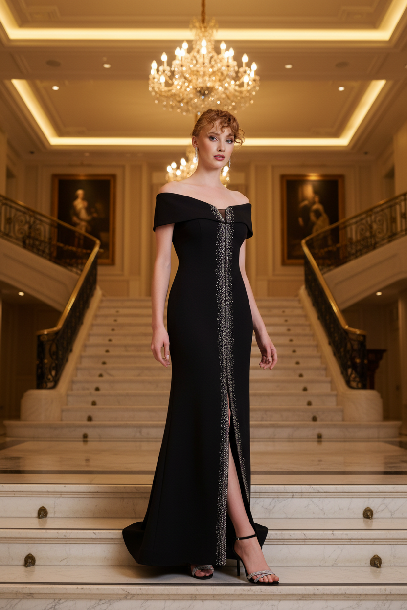 Abendkleid Elegantes Off-Shoulder-Abendkleid mit Strasslinie – C5950 in Blau – Ansicht 1 | Lamia Mode