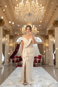 Elegantes Off-Shoulder Abendkleid mit Drapierung C2137 in Gold – Ansicht 2 | Lamia Mode
