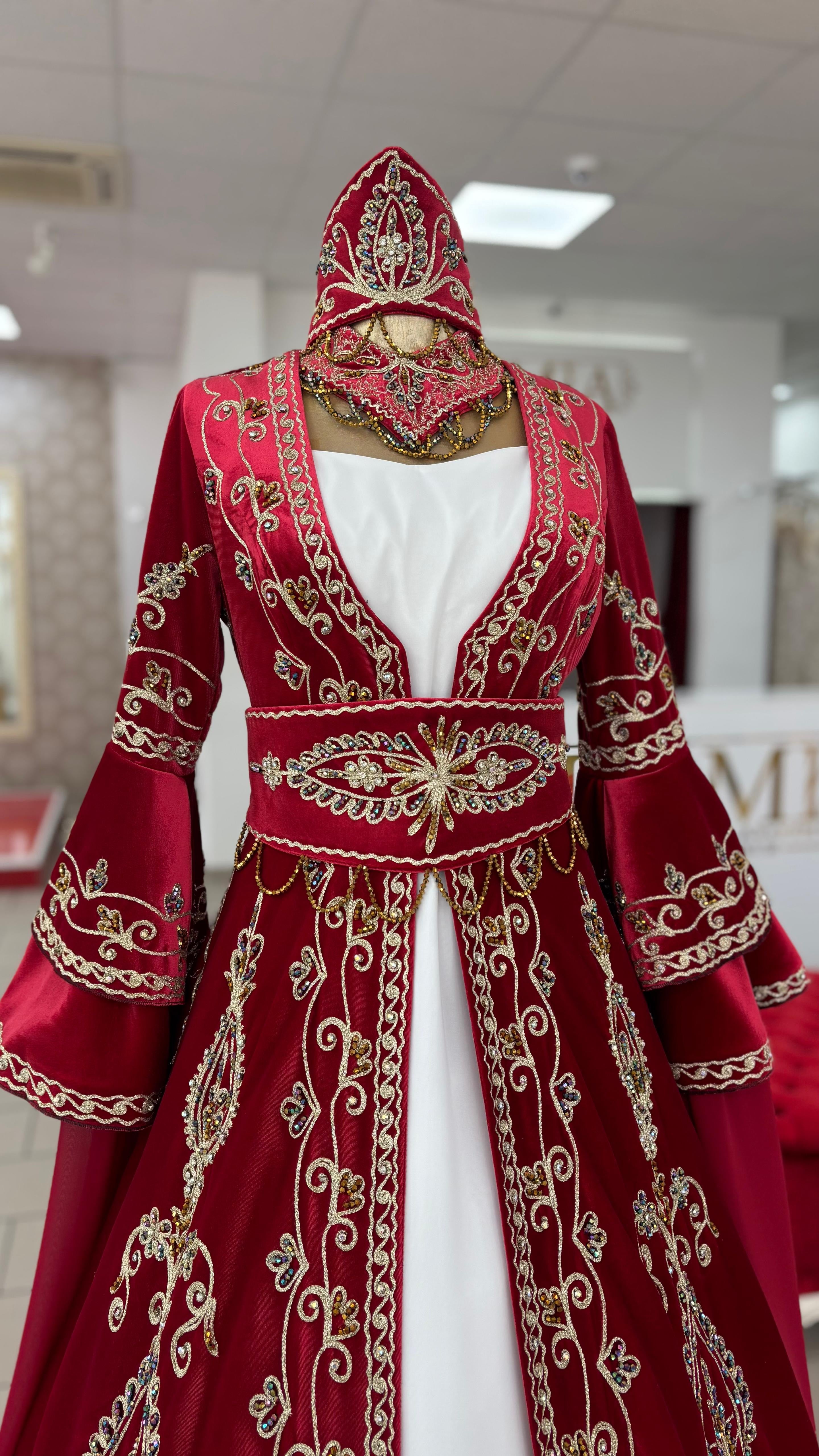 Kaftan „Destan“ – Luxus Bindallı Set in Rot (4-teilig) mit Goldstickerei in Rot – Ansicht 3 | Lamia Mode