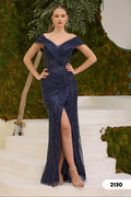 Elegantes Abendkleid mit Perlenstickerei – Modell C2130 in Marineblau – Ansicht 1 | Lamia Mode