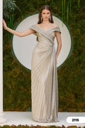 Elegantes Goldenes Abendkleid mit Off-Shoulder-Schnitt C2115 in Gold – Ansicht 1 | Lamia Mode