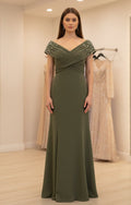 Elegantes Abendkleid mit Perlenärmeln und Drapierung - C6153 in khaki – Ansicht 1 | Lamia Mode