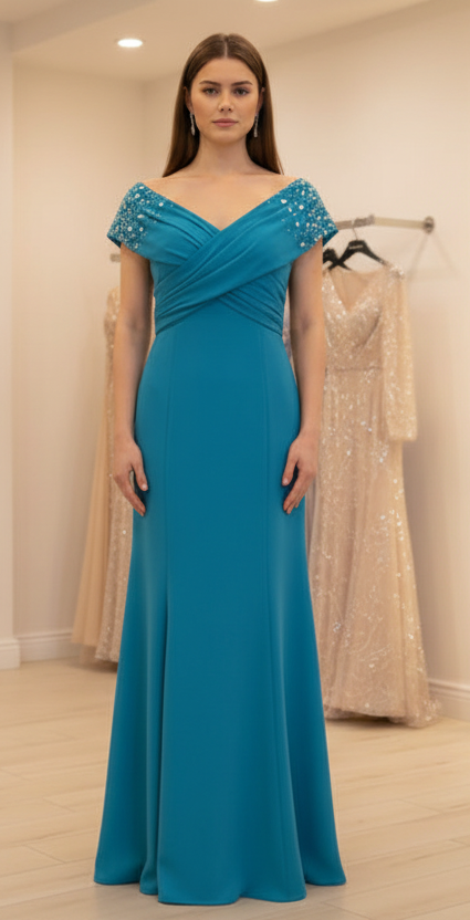 Elegantes Abendkleid mit Perlenärmeln und Drapierung - C6153 in turkis – Ansicht 2 | Lamia Mode