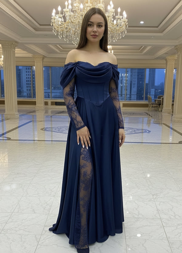 Abendkleid G8646 – Satin und Off-Shoulder in Blau – Ansicht 2 | Lamia Mode