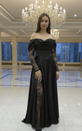 Abendkleid G8646 – Satin und Off-Shoulder in Marineblau – Ansicht 1 | Lamia Mode