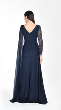 Elegantes Abendkleid mit Drapierung&besticktem Ärmel – C5911 in Navyblau – Ansicht 2 | Lamia Mode