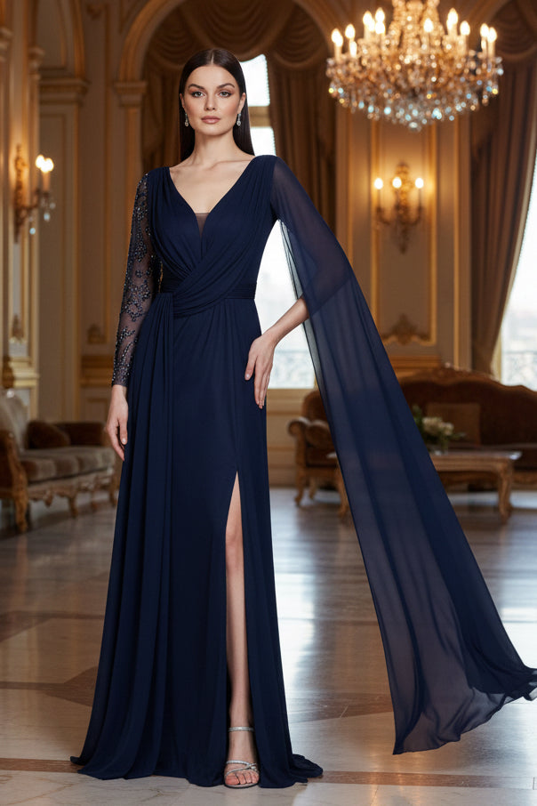 Elegantes Abendkleid mit Drapierung&besticktem Ärmel – C5911 in Navyblau – Ansicht 1 | Lamia Mode