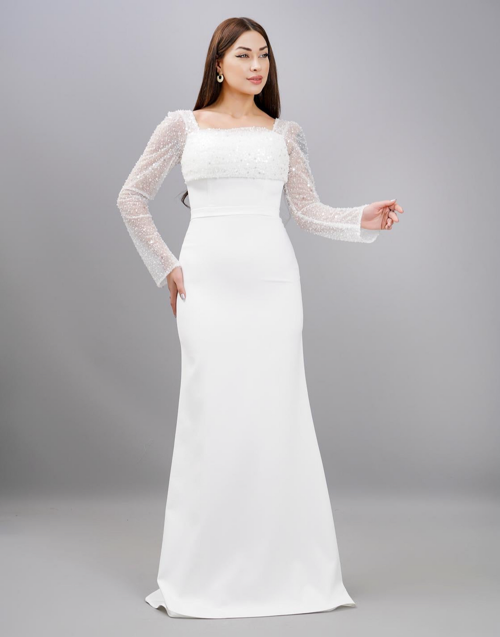 Standesamtkleid mit Perlenärmeln – Modell M361 in Weiß – Ansicht 1 | Lamia Mode