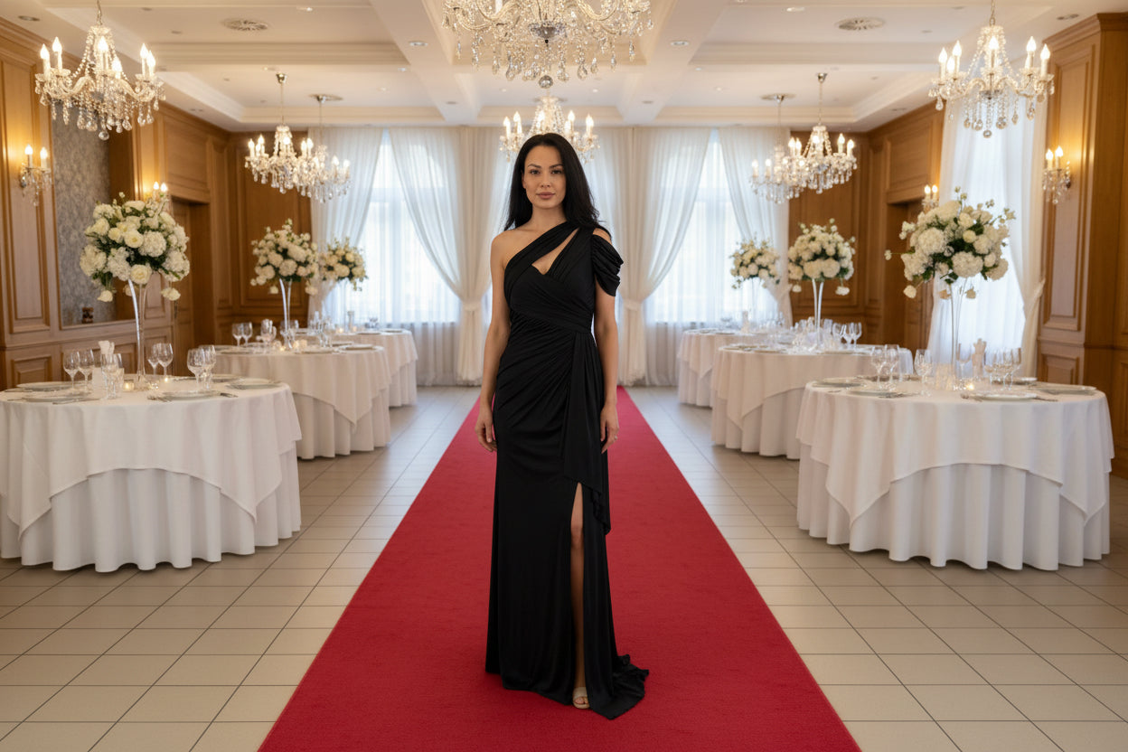 Abendkleid C4897 – fließende Silhouette und Beinschlitz in Gold – Ansicht 3 | Lamia Mode