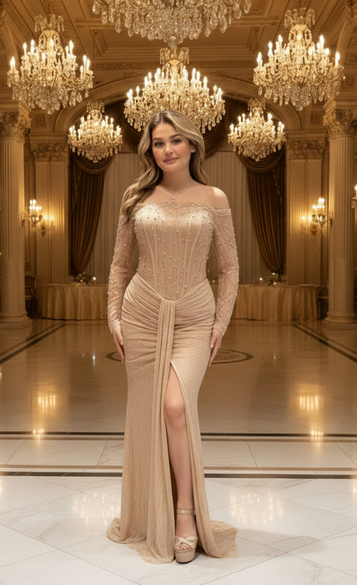 Abendkleid M9813 – Spitze in Beige – Ansicht 1 | Lamia Mode