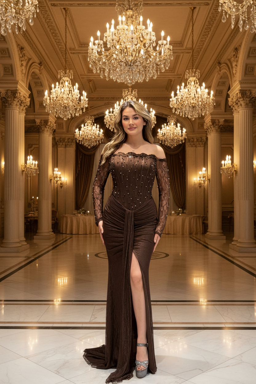 Abendkleid M9813 – Spitze in Braun – Ansicht 2 | Lamia Mode