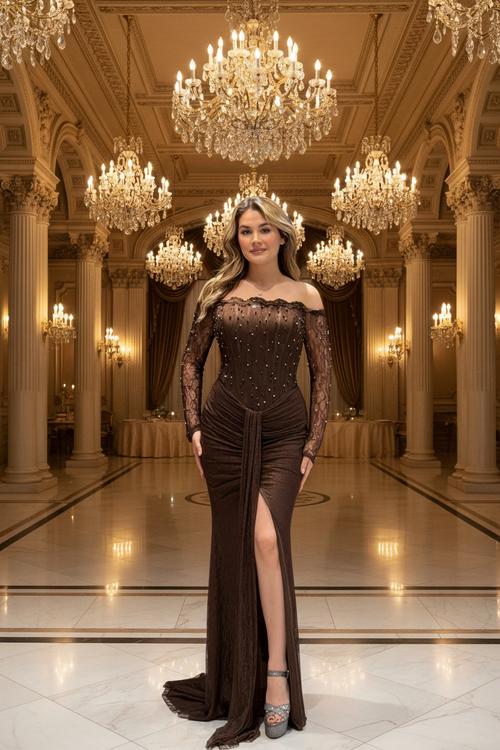 Abendkleid M9813 – Spitze in Braun – Ansicht 2 | Lamia Mode