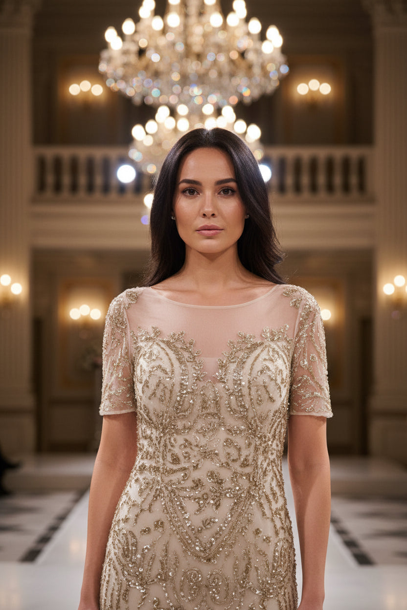 Elegantes Abendkleid mit Allover-Glitzerstickerei – C5929 in Gold – Ansicht 2 | Lamia Mode