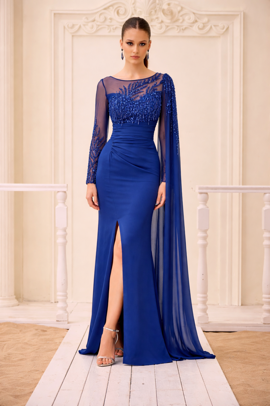 Elegantes Abendkleid mit Perlen- und Stickereibesatz – C2116 in Blau – Ansicht 1 | Lamia Mode