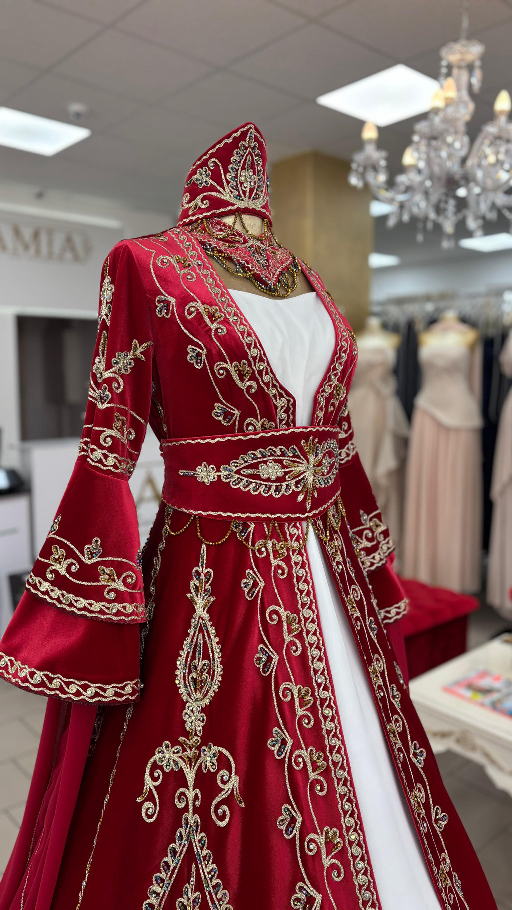 Kaftan „Destan“ – Luxus Bindallı Set in Rot (4-teilig) mit Goldstickerei in Rot – Ansicht 2 | Lamia Mode
