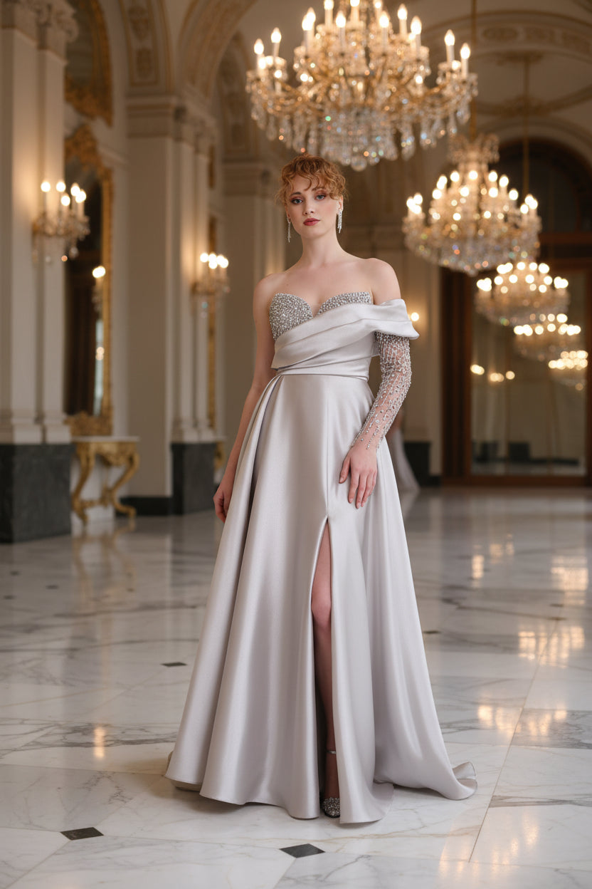 Elegantes Abendkleid mit One-Shoulder-Detail & Glanzakzenten / C4981 in mint-grun – Ansicht 1 | Lamia Mode