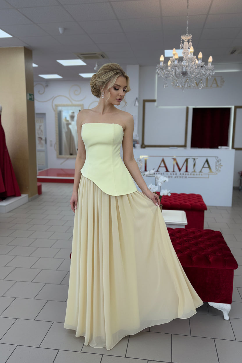 Zweiteiliges trägerloses Abendkleid mit Chiffonrock A576 in Buttergelb – Ansicht 2 | Lamia Mode