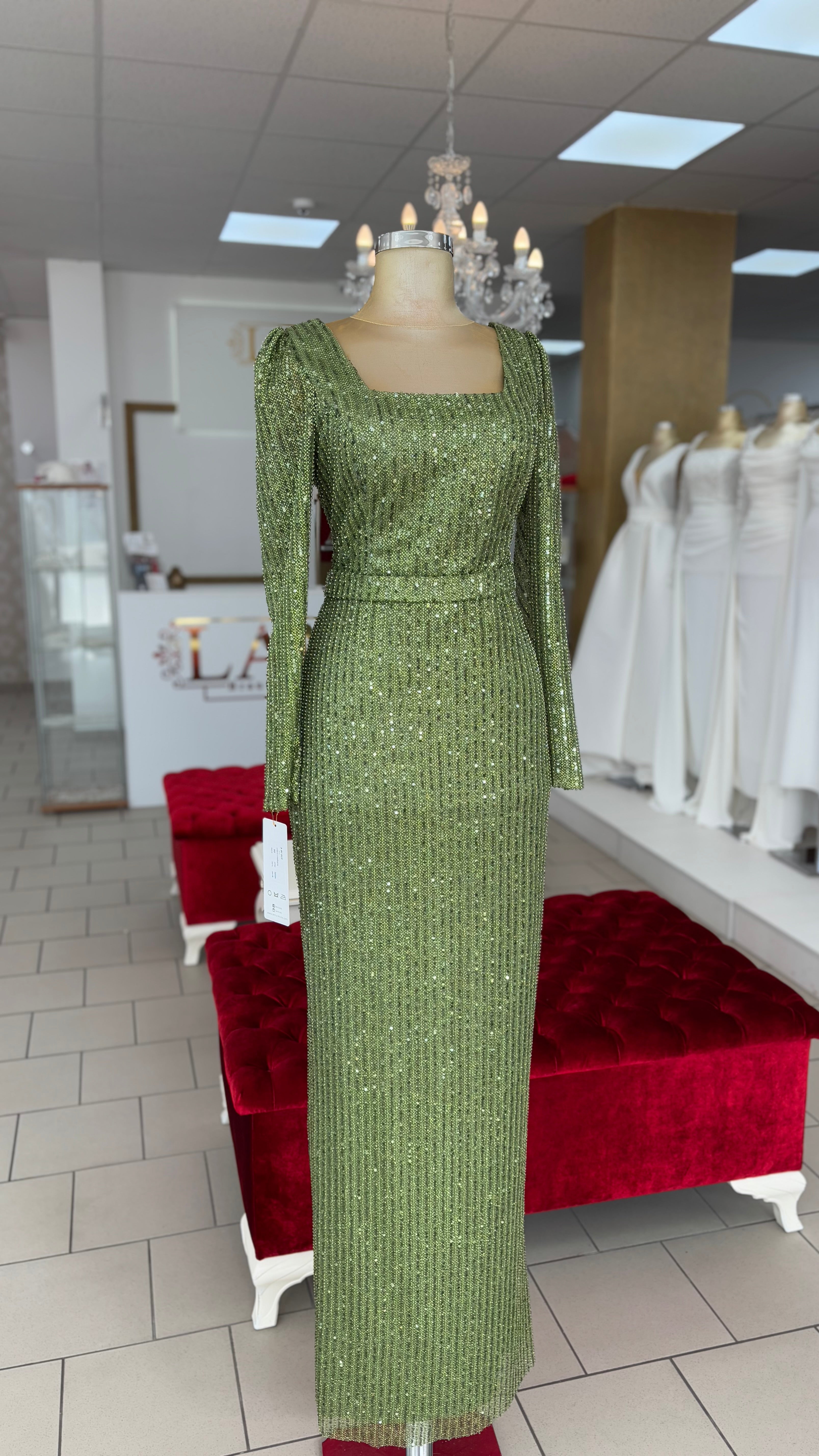 Abendkleid M281 in Khaki – Ansicht 2 | Lamia Mode