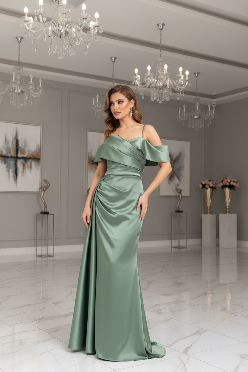 Elegantes Abendkleid mit Drapierung & Off-Shoulder-Design – M284 in Nerz – Ansicht 2 | Lamia Mode