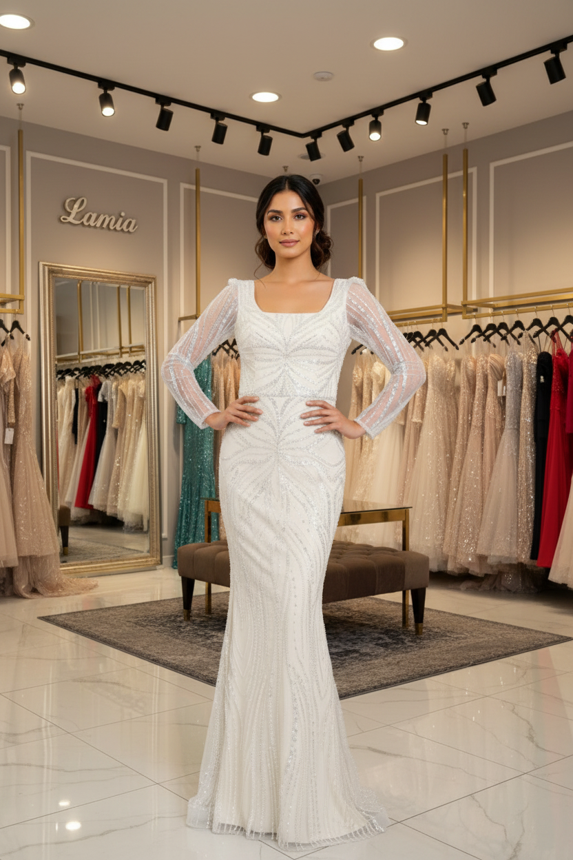 Abendkleid mit Perlenstickerei & langen Ärmeln – Modell M270 in Beige – Ansicht 1 | Lamia Mode