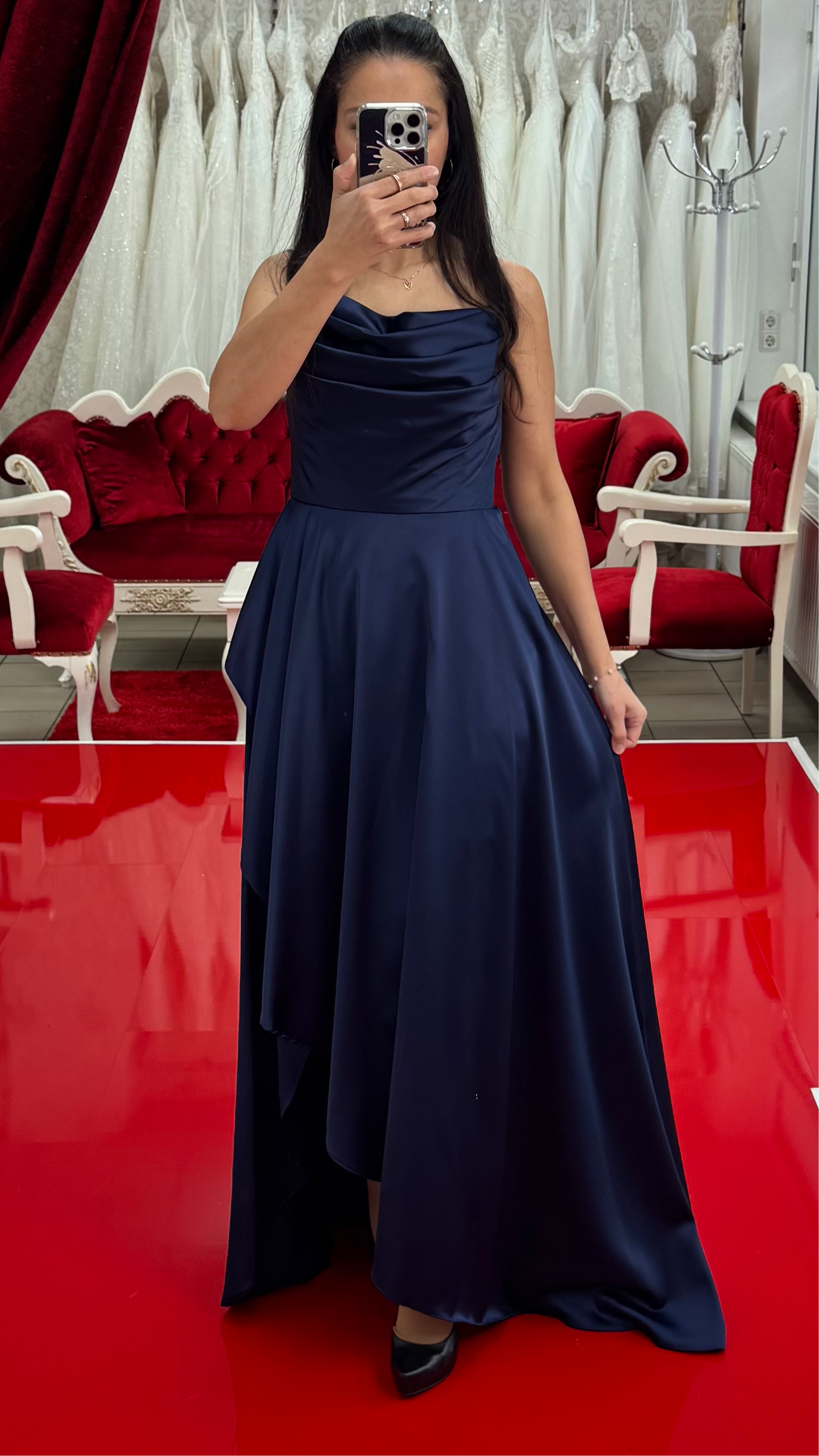 Abendkleid MD6037 – Satin und Beinschlitz in Navyblau – Ansicht 5 | Lamia Mode