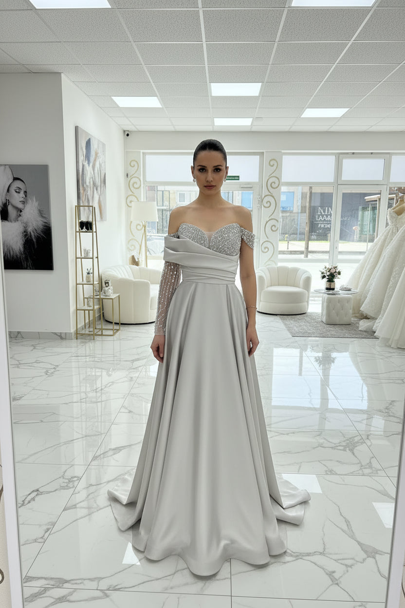 Elegantes Abendkleid mit One-Shoulder-Detail & Glanzakzenten / C4981 in mint-grun – Ansicht 3 | Lamia Mode