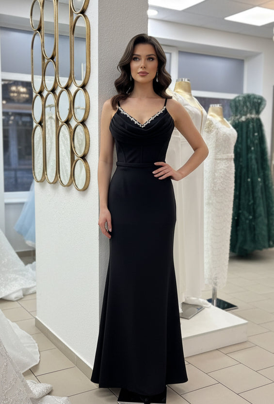 Elegantes Abendkleid mit Strass-V-Ausschnitt C2146 in blau – Ansicht 4 | Lamia Mode