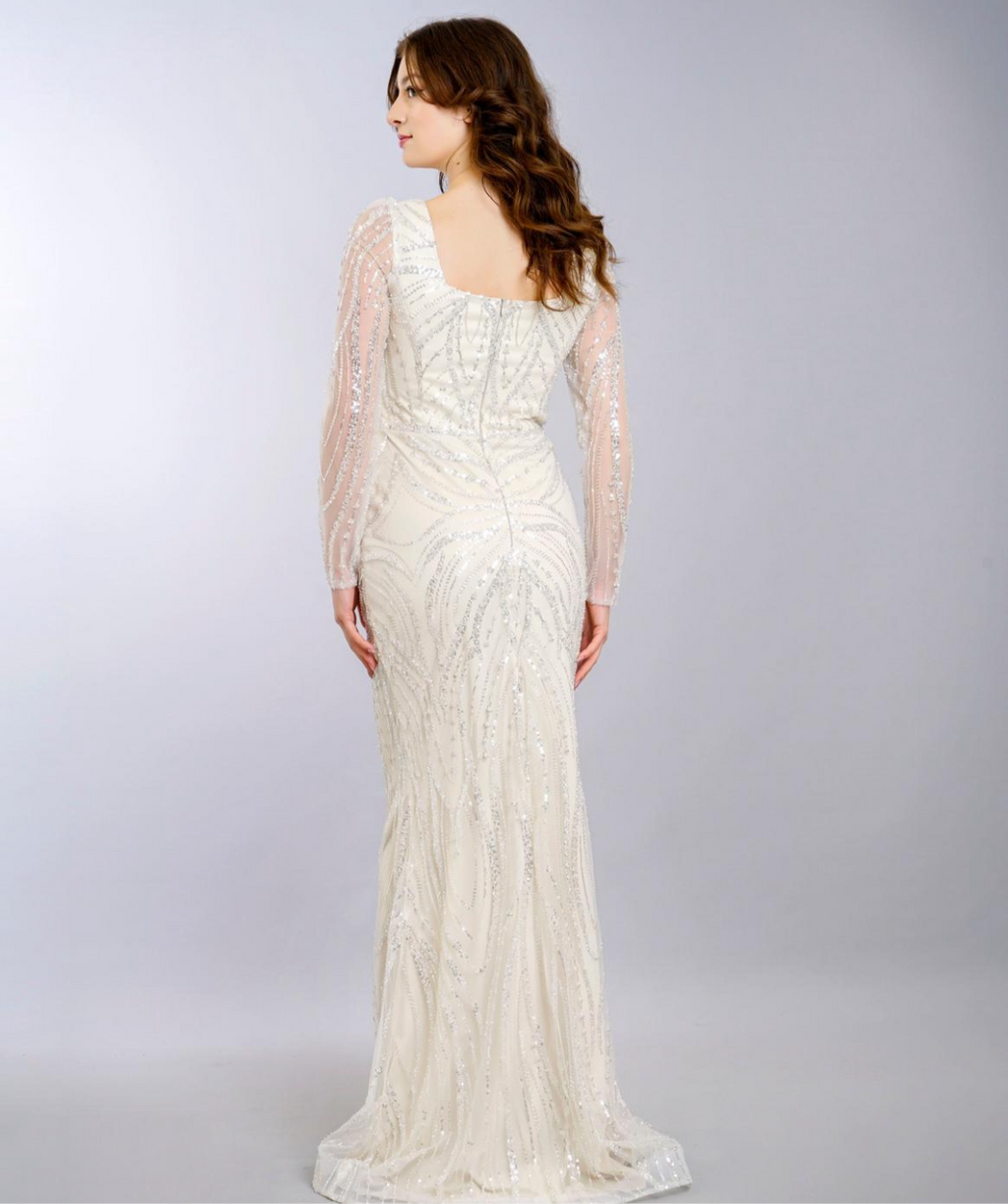 Abendkleid mit Perlenstickerei & langen Ärmeln – Modell M270 in Beige – Ansicht 2 | Lamia Mode