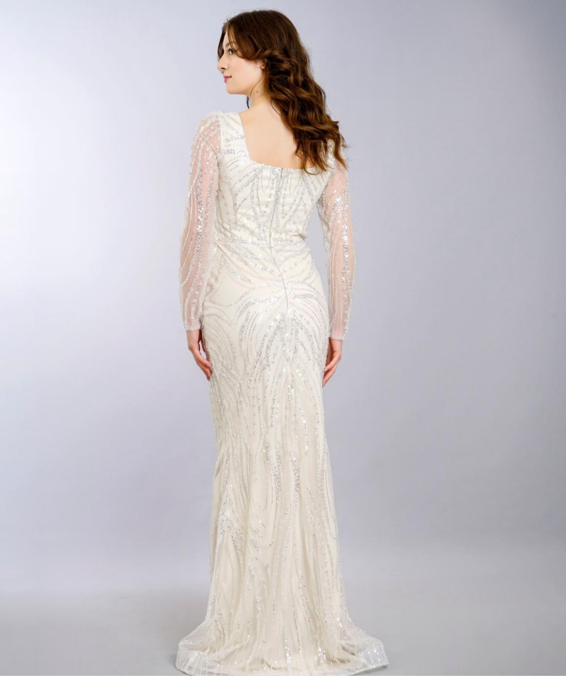 Abendkleid mit Perlenstickerei & langen Ärmeln – Modell M270 in Beige – Ansicht 2 | Lamia Mode